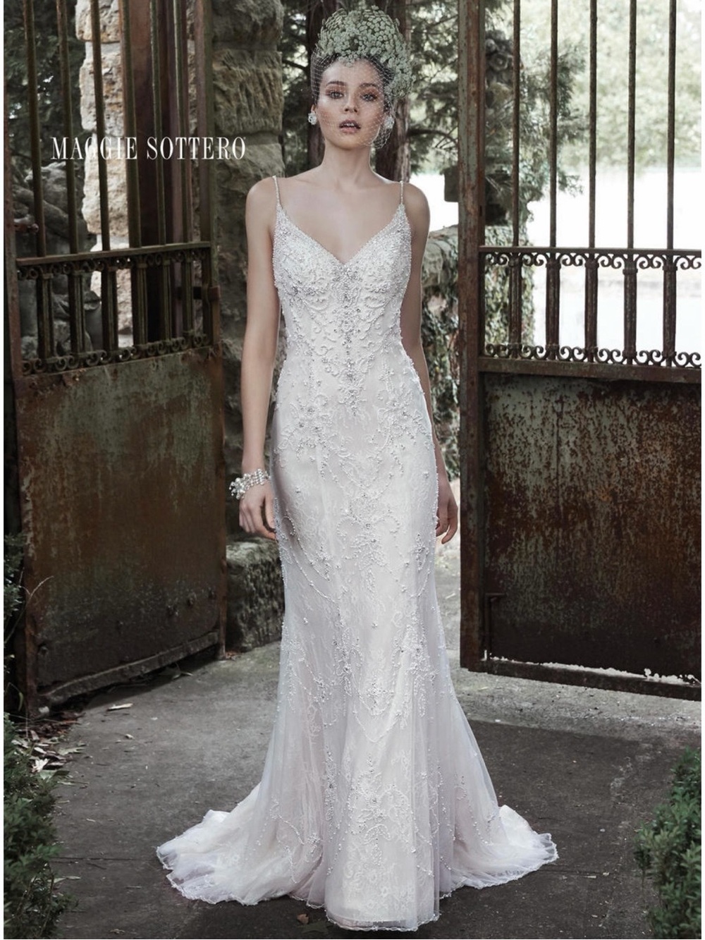 Maggie Sottero Embellished Lace Spaghetti Strap Bridal Gown - Ivory
